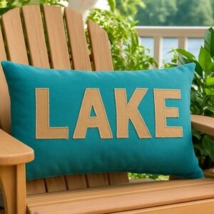 Creative Co-op Teal Canvas Appliqued "Lake" Accent Pillow One Size
